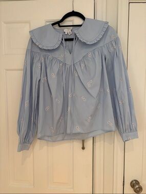 & Other Stories Powder Blue Ruffled Peter Pan Collar Blouse with Embroidery